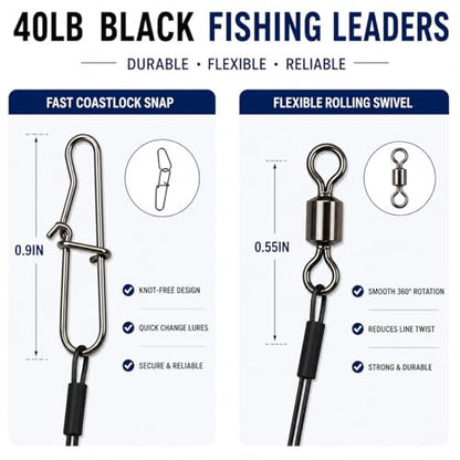 Stainless Steel Fishing Wire Leaders, Black Coated & Uncoated Options, Heavy Strength 31–100LB, 6–21in Multi Sizes with Rolling Swivels Snaps for Salt Fresh Water Shark Pike Barracuda - color: 40pcs-9.84in(40LB)
