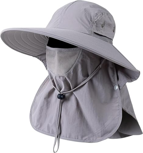 Mens Women Fishing Hat UPF 50+ Wide Brim Sun Hat with Face Cover & Neck Flap - color: Grey
