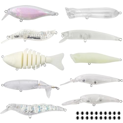 Unpainted Fishing Lures Making Kit,375pcs DIY Blank Crankbaits Minnow Hard Bait Set Include Lure Tapes Eyes Treble Hooks Split Rings Speed Clips Make Your Own Fishing Lures - style: Unpainted Lure 10pcs