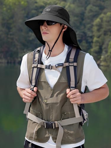 HUAMULAN Men Summer Sun Hat Women Safari Wide Brim Fishing Hats UV Protection Neck Flap Bucket Gardening Hiking Hunting Cap - color: Black With Black Mesh