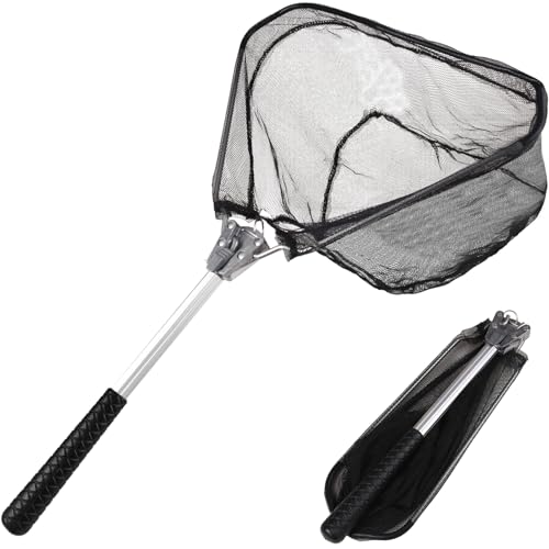 Yeahmart Fishing Landing Net with Telescopic Aluminum Handle Pole, Collapsible Nylon Mesh Minnow Fish Net for Saltwater & Freshwater, Portable Fishing Gear for Kids, Men, Women, Extends 21-75 Inches - style: 21" Full Length (Chrome-fixed Handle)