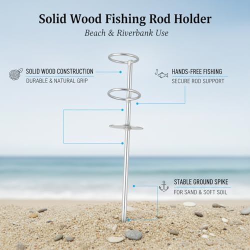 Solid Wood Fishing Rod Holder with Ground Spike for Beach, Riverbank, and Shore Fishing - Silver Finish