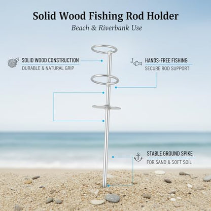 Solid Wood Fishing Rod Holder with Ground Spike for Beach, Riverbank, and Shore Fishing - Silver Finish
