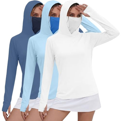 Xaatren 3 Pack Women's UPF 50+ Sun Hoodies with Face Mask Thumb Holes Quick Dry Fishing Shirts UV Protection Hiking Shirt - color: Navy Blue, Blue, White, size: Medium