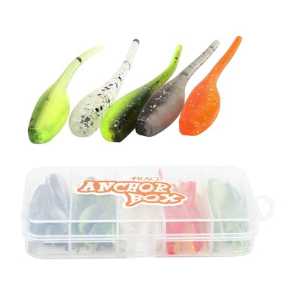 RUNCL Anchor Box - Paddle Tail Swimbaits, Soft Jerk Baits, 20/40/50/60pcs Soft Fishing Lures, Curved Tail Grubs - 3D Lifelike Eyes, Split/Boot/Curved/Straight/Thin Tail - 1/2/3/4/5in, Proven Colors - color: S - Thin Tail (2in, 50pcs)