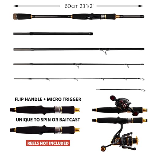 Rigged and Ready Predator Series Spin & Baitcast Travel Fishing Rods. Unique Spin Cast Micro Trigger. Compact Hi-Carbon Rods. 4 Rod Sections, 2 Tips, + case. Mobile Lure Rod Anglers. Fresh & Saltwater