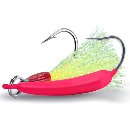 Dr.Fish 5 Pack Pompano Jigs with Teaser Hooks, Surf Fishing Jig Heads Saltwater Lure Banana Shape Stand Up O'Shaughnessy Beach Casting Halibut Striper Redfish Flounder - color: Pink, size: 1oz-Hook 4/0