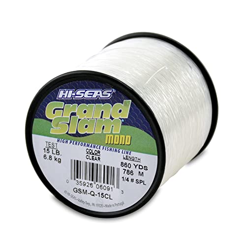 HI-SEAS Grand Slam Monofilament Fishing Line - Strong & Abrasion Resistant in Clear, Pink, Green, Smoke Blue, Fluorescent Yellow Freshwater & Saltwater – Quarter Pound Spool - color: Clear, style: 15 Lb Test, 0.40 Mm Dia, 860 Yd