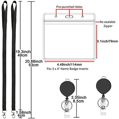 2Pcs Black Lanyards with Horizontal ID Badge Holder 4x3,Retractable Reel | Flat Neck Lanyard with Metal Hook,for Office Supplies - color: Black Lanyard With Badge Holder 3x4 Horizontal