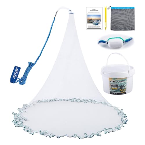 Goture American Fishing Cast Net Saltwater Freshwater,3/8in Mesh Size Casting Net for Bait Fish Shrimp Trap,Heavy Duty Plastic Coated Iron Protected White Sinker,Throw Cast Net with Needle - color: A1:Cast Net with Needle, size: 10FT Radius