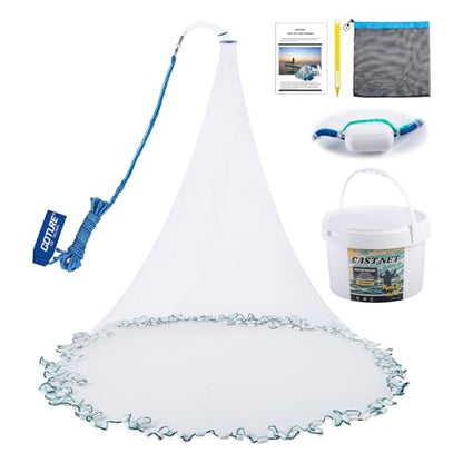 Goture American Fishing Cast Net Saltwater Freshwater,3/8in Mesh Size Casting Net for Bait Fish Shrimp Trap,Heavy Duty Plastic Coated Iron Protected White Sinker,Throw Cast Net with Needle - color: A1:Cast Net with Needle, size: 12FT Radius