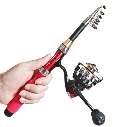 Portable Compact Small Fishing Rod and Reel Combos, 4.9Ft Telescopic Fishing Pole and Metal Spool Reel with Line, Hook, Lure, Bag for All Season Travel Fishing, for Teens & Beginners - color: Red- Fishing Rod and Reel