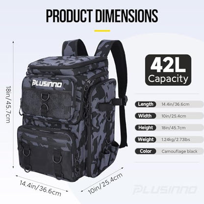 PLUSINNO Fishing Tackle Backpack with Rod Holders，42L Water-resistant Fishing Bag Store Fishing Gear, Fisher Gifts For Men. - color: Black Camouflage.