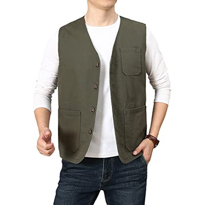 PRIJOUHE Men's Casual Outdoor Cotton Vest Lightweight Breathable Multi-Pocket Fishing Safari Travel Vests Outwear - color: 02-green, size: Small