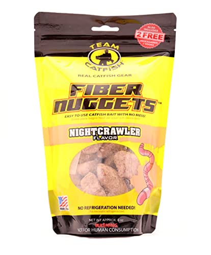 Team Catfish Fiber Nuggets (Nightcrawler Flavor) Includes 6-Ounce Resealable Catfish Bait Bag and 2 Jackhammer Hooks