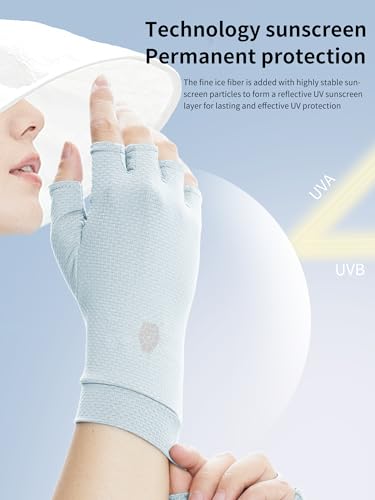 Men's Women's SPF Fingerless Gloves Mittens Sun Protection Unisex Driving Gloves UPF 50+ With Silicone Gel - color: Light Blue, size: Medium