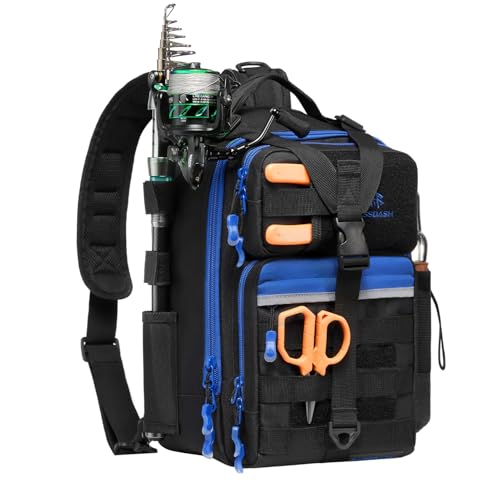 BASSDASH Convertible Fishing Backpack Sling Bag with Rod Holder, Adjustable Tactical Water-Resistant Tackle Storage Pack FP07 - color: Black/Royal Blue, size: Standard