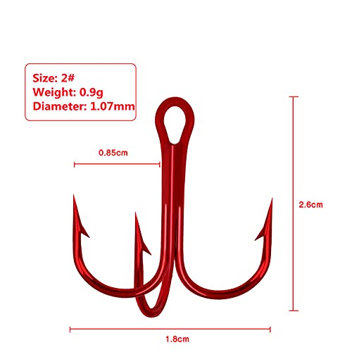 50pcs/Box Fishing Treble Hooks, High Carbon Steel Fishing Hooks Kit, Sharp & Round Bend Fishing Treble Hooks for Catfish Lures Baits Bass Fishing Accessories - color: Red Treble Hooks