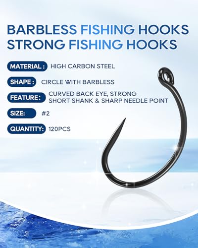 UCEC 190/220/260PCS Barbless Fishing Hooks, Carp Hooks Circle Curve Shank Fly Tying Fishing Hook Tackle Kit for Freshwater Saltwater Hair Rig Trout Size: 2# 4# 6# 8# 10# - size: 120PCS,#2