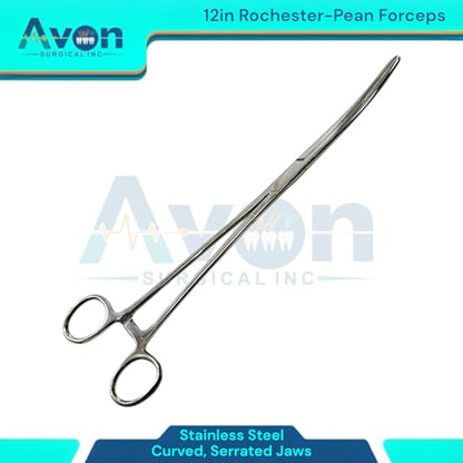12inch Rochester-Pean Hemostat Forceps, Curved with Serrated Jaws - Lock-Ratcheting - Multi-Use, for Fishing, Veterinary, Crafts, and More - Stainless Steel (1 Each)