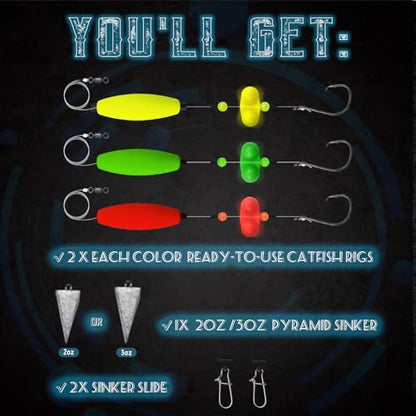 Narcissus Catfish Rigs Set – 6 Pre-Tied Rigs with 2 Sinker Sliders, Float Rigs Tackle, Santee Rig, Circle Hooks 6/0 – Complete & Ready-to-Use Kit - color: Hook Size 5/0-Weight 2 oz