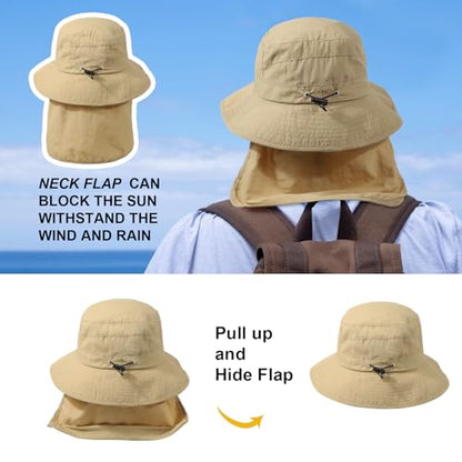 Waterproof Sun Rain Hat for Women Wide Brim UPF50+ UV Protection Packable Men Bucket Safari Fishing Hat with Neck Flap - color: Khaki