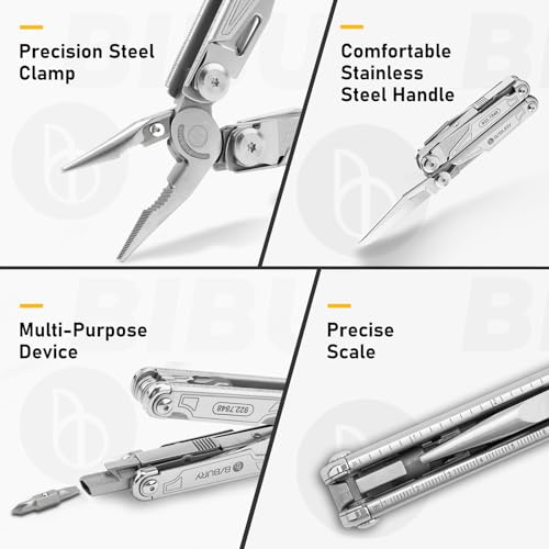 BIBURY Multitool with Pocket Knife, 19-in-1 Stainless Steel Pliers with Scissors, Self-locking Multi tools with EDC Sheath for Home, Camping, Hiking, Survival, Gifts for Men, BI2038A - size: 19-IN-1