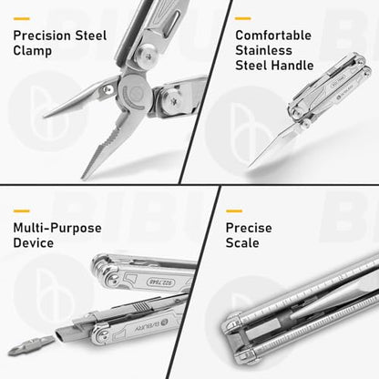 BIBURY Multitool with Pocket Knife, 19-in-1 Stainless Steel Pliers with Scissors, Self-locking Multi tools with EDC Sheath for Home, Camping, Hiking, Survival, Gifts for Men, BI2038A - size: 19-IN-1