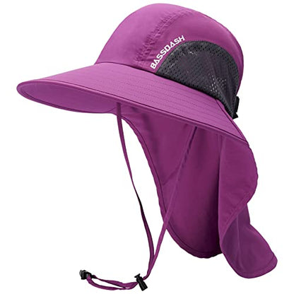 BASSDASH UPF 50+ Unisex Water Resistant Wide Brim Sun Hat with Large Neck Flap Ponytail Fishing Hat for Men Women - color: Purple Orchid