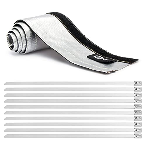 Heat Shroud Aluminized Sleeving Heat Shield fuel line wire heat sleeve 3/4" I.D. x 3FT with 10 Pcs 7.8Inch Stainless Steel Cable Metal Zip Ties - size: 3/4"I.D.x 3FT
