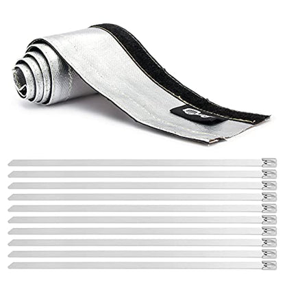Heat Shroud Aluminized Sleeving Heat Shield fuel line wire heat sleeve 3/4" I.D. x 3FT with 10 Pcs 7.8Inch Stainless Steel Cable Metal Zip Ties - size: 3/4"I.D.x 3FT