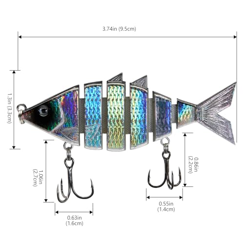 BASSDASH Bone Swimbait Multi Jointed Hard Fishing Lure for Bass Trout Bluegill Pike with Angled Cut Segments - color: Black Silver