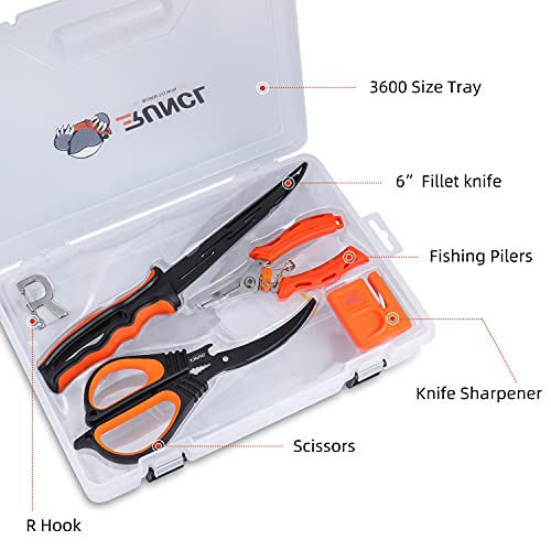 RUNCL Fishing Fillet Knife Combo Set, Fishing Tools Kit With 6" Fillet Knife, Scissors, Sharpener, Fishing Pliers and 3600 Tackle Box