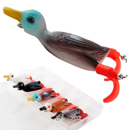 Topwater Duck Lures for Bass Fishing, 5pcs Realistic Soft Weedless Duck Bait Floating with Tackle Box Freshwater Saltwater Pike Musky Catfish Topwater Swimbait Duckling Lure