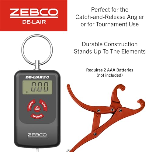 Zebco De-Liar 2.0 Digital Fish Scale, 50-Pounds/23-Kilograms Capacity, Compact Design, Durable Construction, Non-Puncturing Clamp-Style Lip Grip, Black/Red