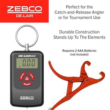 Zebco De-Liar 2.0 Digital Fish Scale, 50-Pounds/23-Kilograms Capacity, Compact Design, Durable Construction, Non-Puncturing Clamp-Style Lip Grip, Black/Red