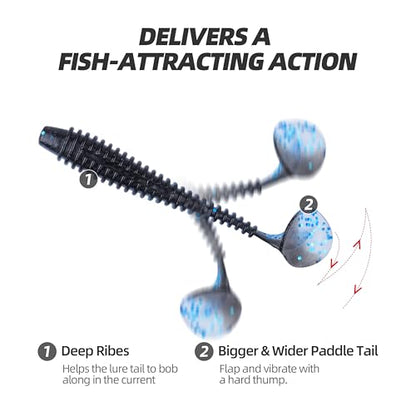 Paddle Tail Swimbaits 100/80/50PCS, 5/4/3/2 inch Soft Fishing Lures Bulk Pack – Durable Lifelike Action Lures for Bass, Trout, Crappie – Freshwater & Saltwater Fishing Gifts - color: Blue-Black, size: 5in, 50pcs