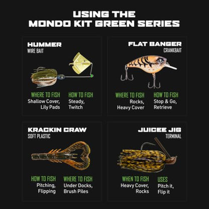 Googan Squad Mondo Kit Bass Fishing Lure Sets for Largemouth & Smallmouth Bass – Includes Premium Tackle & Mystery Box Essentials - color: Green Series