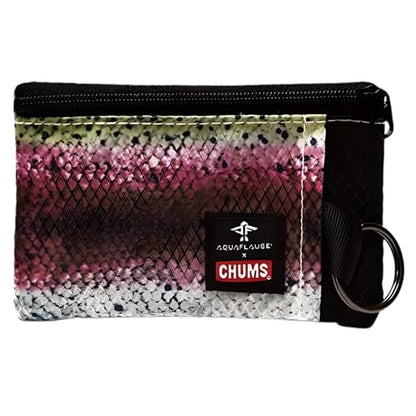 Chums Surfshorts Wallet - Lightweight Slim Wallet with RFID Blocking Card & Clear ID Window - Zippered, Water Resistant w/Key Ring - color: Aqua Flauge Rainbow Trout