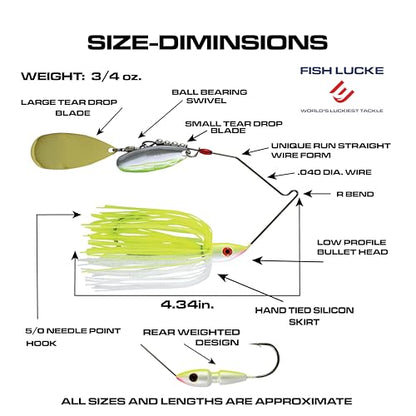 Hydra-Vibe Spinner Bait with Custom Blades - color: Chartreuse/White, size: 3/4 OZ