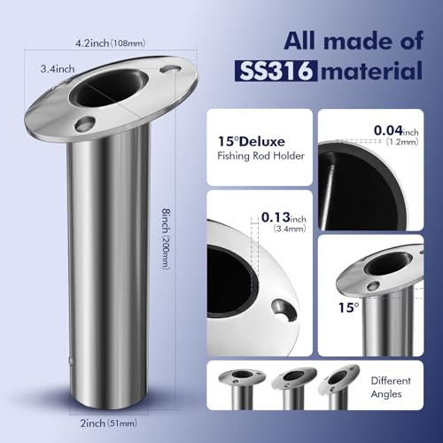 2Pcs Rod Holders for Fishing Boat, Heavy Duty 316 Stainless Steel Fishing Rod Pole Holder, Flush Mount, 15/30/90 Degree - color: Silver - Black Insert