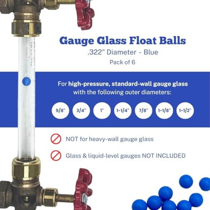 .322" Diameter Blue Gauge Glass Float Balls | Blue Float Balls for 5/8" Glass 6 Pack | Boiler Liquid Level Sight Gauge Balls