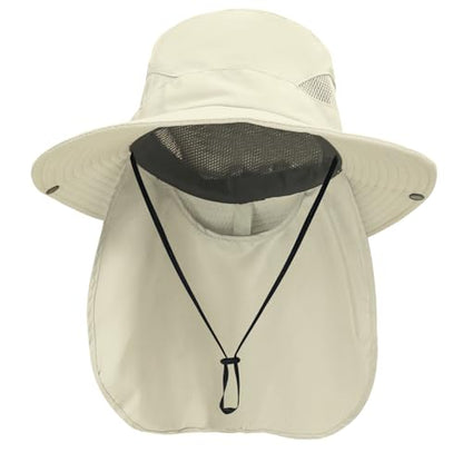 NPQQUAN Sun Hats for Men Women with Neck Flap UPF 50+ UV Protection Wide Brim Bucket Hat Safari Hiking Fishing Hats - color: Beige（neck Flap）