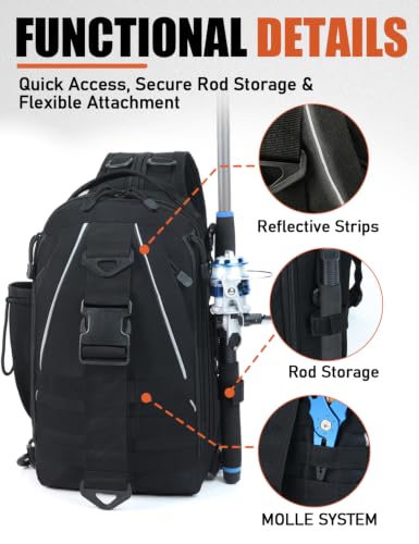J.SH Tactical Sling Bag, Small Fishing Bag with Rod Holder - Black 12L | Durable Lightweight, Designed for Fishing Gear and Equipment, Gift for Men, Travel, Outdoor Hiking Backpack - color: Black - Medium (12L)