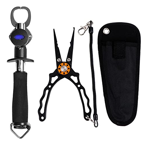 SagaSave Fishing Pliers Set Ice Fishing Gear Hook Remover Fishing Griper with 6D Precise Grinding Blades, Wrist Strap and Scale Fishing Tools Set with Bag