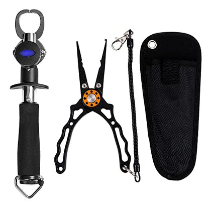 SagaSave Fishing Pliers Set Ice Fishing Gear Hook Remover Fishing Griper with 6D Precise Grinding Blades, Wrist Strap and Scale Fishing Tools Set with Bag