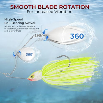 MadBite by KastKing Spinnerbait Fishing Lures, Bass Trout Salmon Walleye Stainless Steel Spinner Baits Kit, Saltwater Freshwater, 4 pcs - color: Clear Water - Double Willow, size: 1/2oz