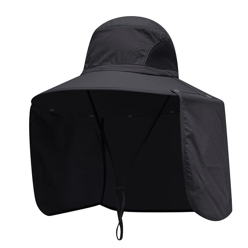 Sun Blocker Hats Outdoor Sun Protection Fishing Cap with Neck Flap Large Brim Outdoor Hat - color: Black
