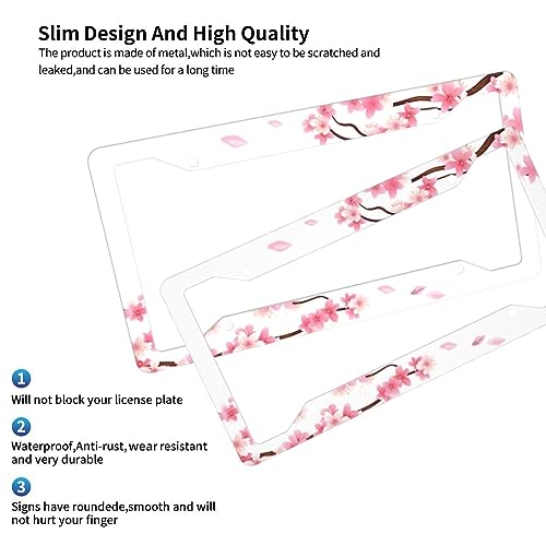 Pink Cherry Blossom On White Background License Plate Frame - 2Pcs Sakura Flower License Plate Holder Aluminum Metal Car Accessories Refreshing Cute Anime Design Fits Standard Us Vehicles with Screws - color: sakura