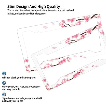 Pink Cherry Blossom On White Background License Plate Frame - 2Pcs Sakura Flower License Plate Holder Aluminum Metal Car Accessories Refreshing Cute Anime Design Fits Standard Us Vehicles with Screws - color: sakura
